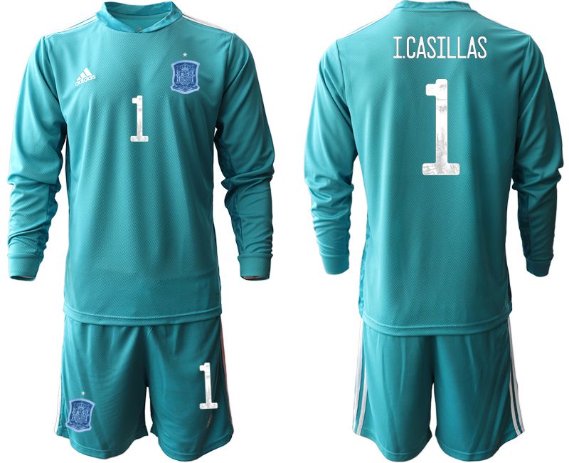 Men 2021 World Cup National Spain lake blue long sleeve goalkeeper #1 Soccer Jerseys1